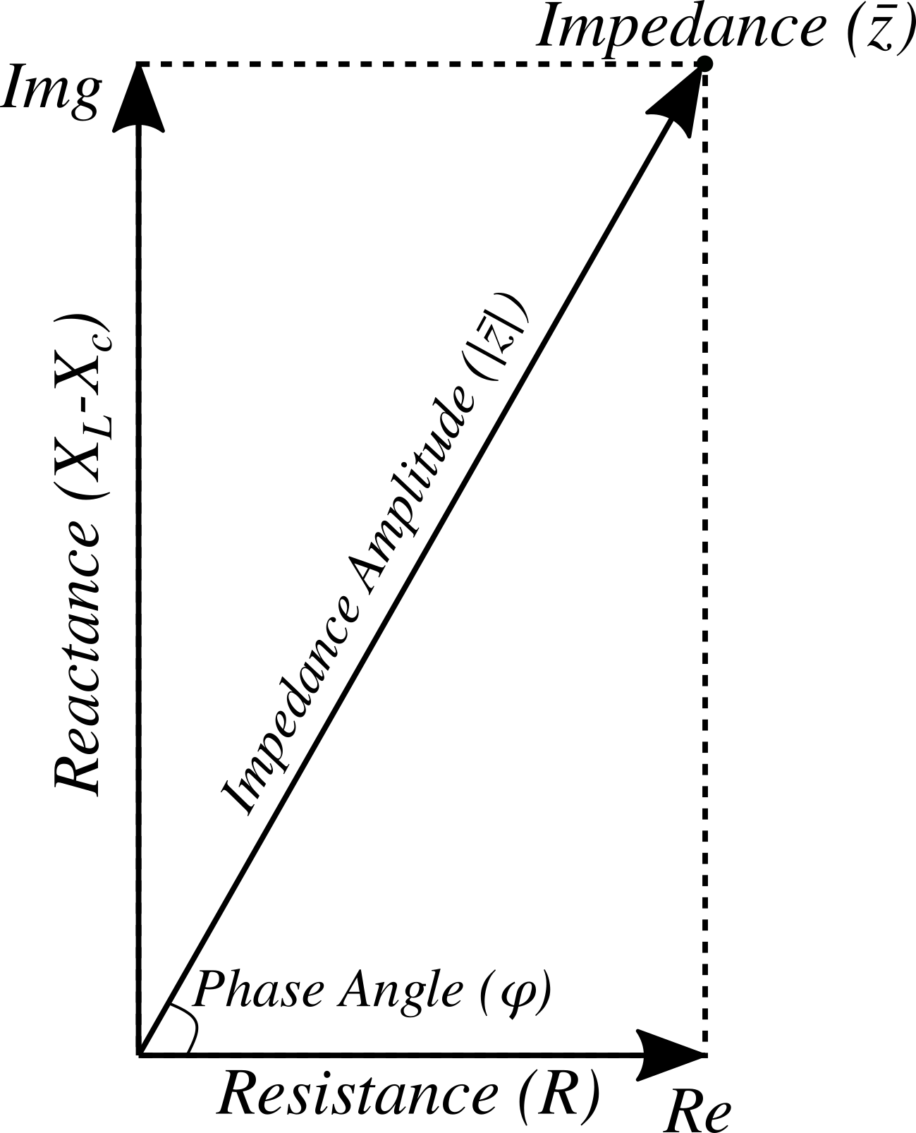 The impededance plane is composed of the resistance on the real axis (x-axis) and the reactance on the imaginary axis (y-axis). The value of the impedance has an amplitude and a phase angle.