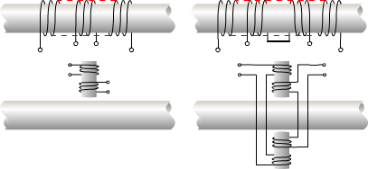 Transformer probes use multiple coils to detect defects.