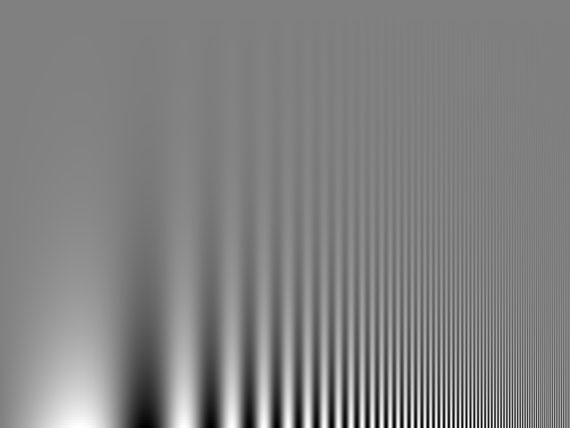 the luminance of pixels is variedsinusoidally in the horizontal direction. The spatial frequencyincreases exponentially from left to right. Because of this, some portions of the image look like 1 uniform color, while other portions look like two distinct colors.