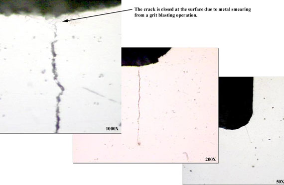 The crack in this image is closed at the surface due to metal smearing from a grit blasting operation. This would prevent penetrant from entering the crack and could result in a false negative inspection.