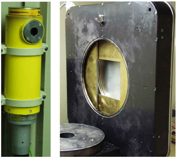 Photographs of a beam collimator mounted on the x-raytube on the left and shutters to the front of an image intensifieron the right.