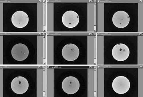 Cross-sections of the CT images show the pores in the aluminum parts clearly.