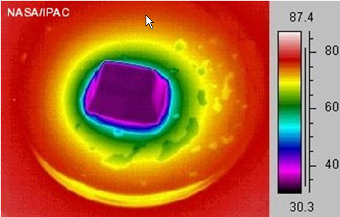 Thermal images of an icecube melting show a color mapping of the temperature. The partions that are still frozen are in cooler colors (violet and blue) while the room temperature water from the ice is orange and red.
