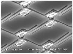 A high magnification image of a portion of a mirobolometer focal plane reveals detail of the composition of FPAs.