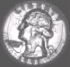 A C-scan of the same quarter shows both sides of the quarter.