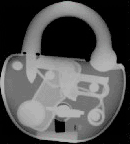 This is an X-ray image of a lock and key